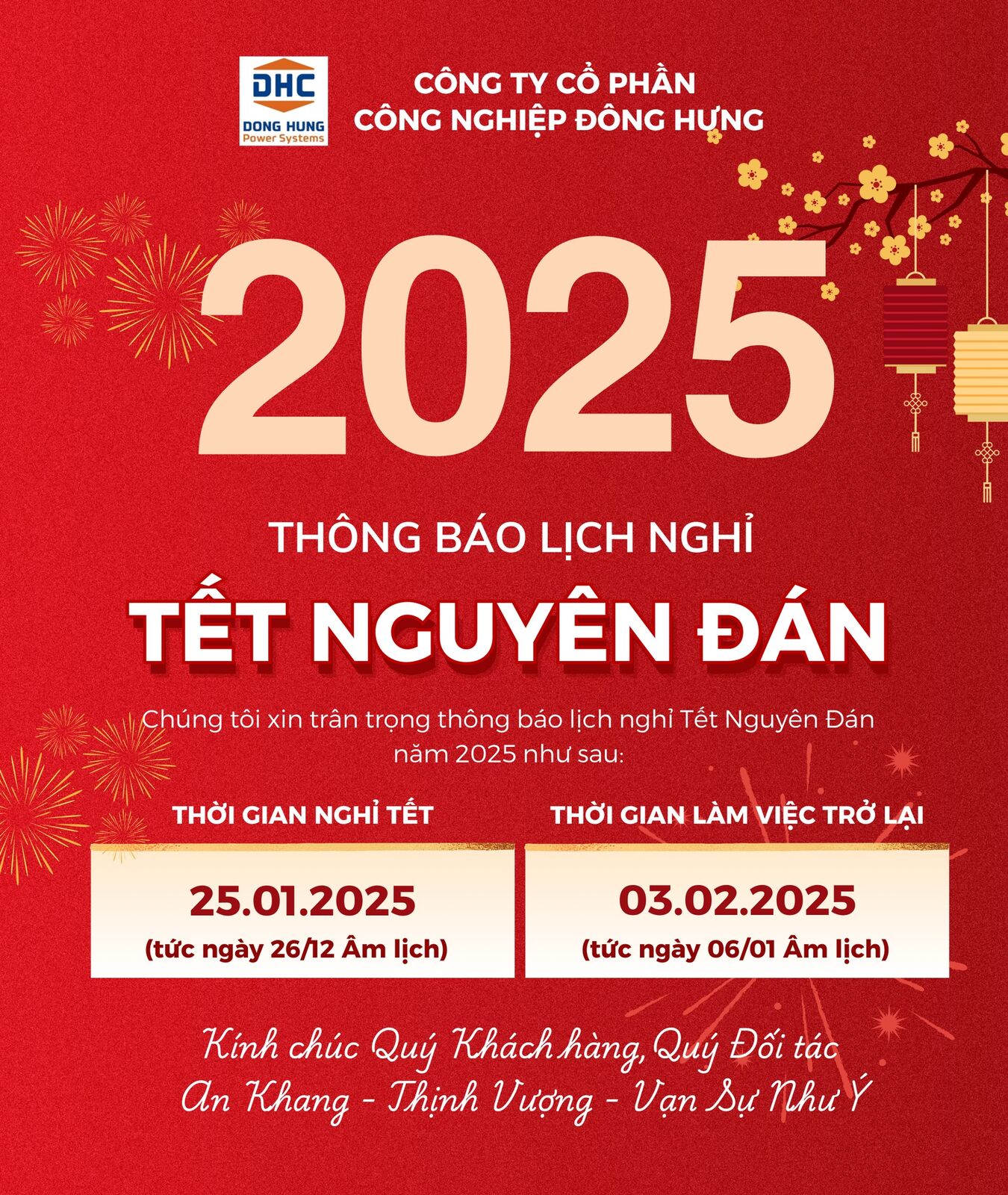 THÔNG BÁO LỊCH NGHỈ TẾT NGUYÊN ĐÁN 2025