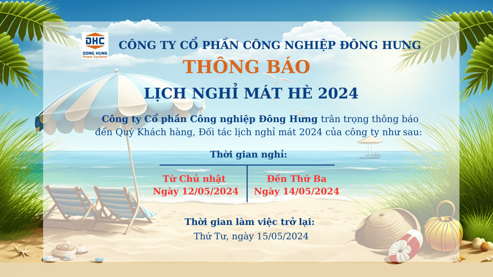 THÔNG BÁO LỊCH NGHỈ MÁT HÈ 2024