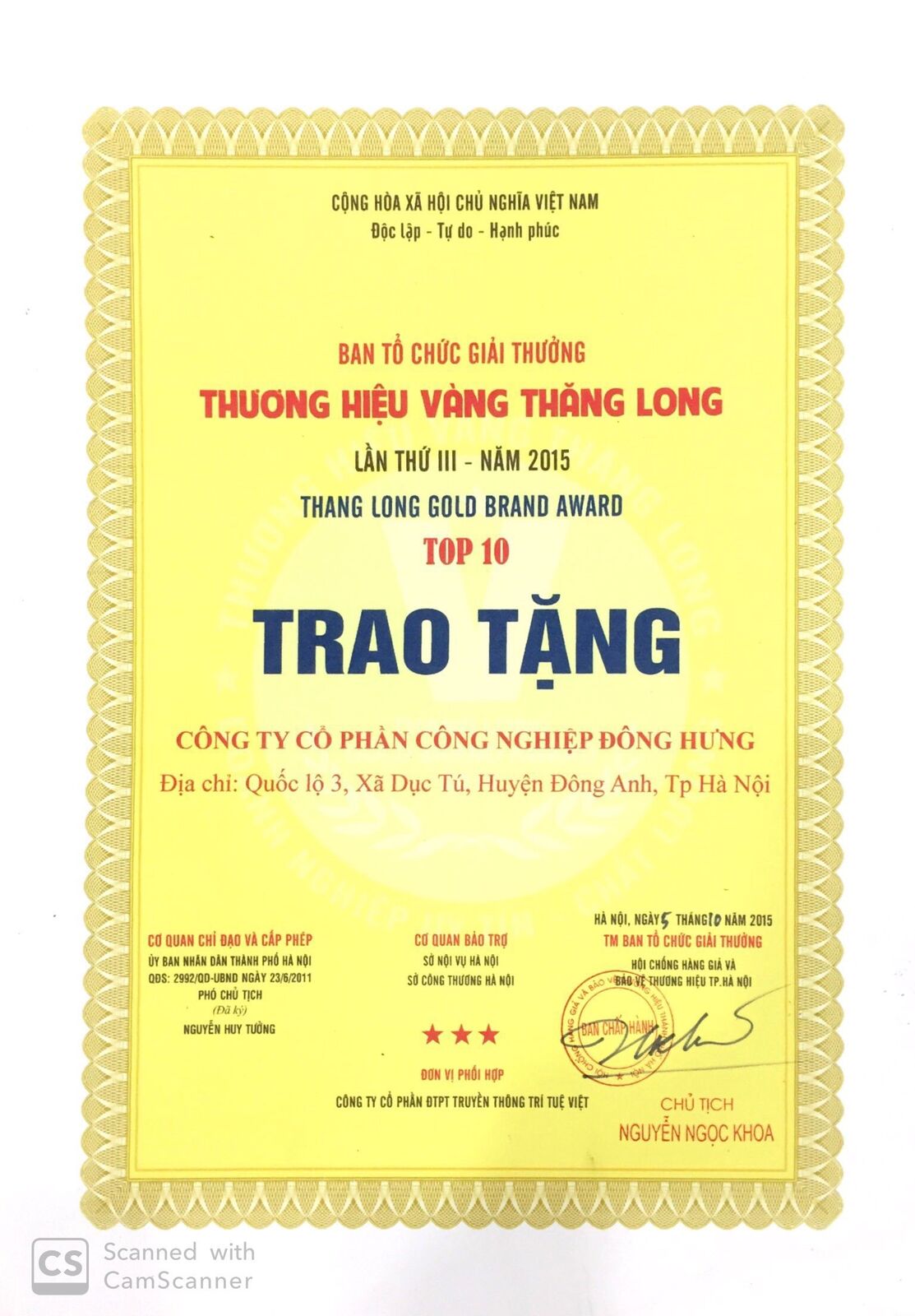 Bằng khen và chứng nhận Đông Hưng 10